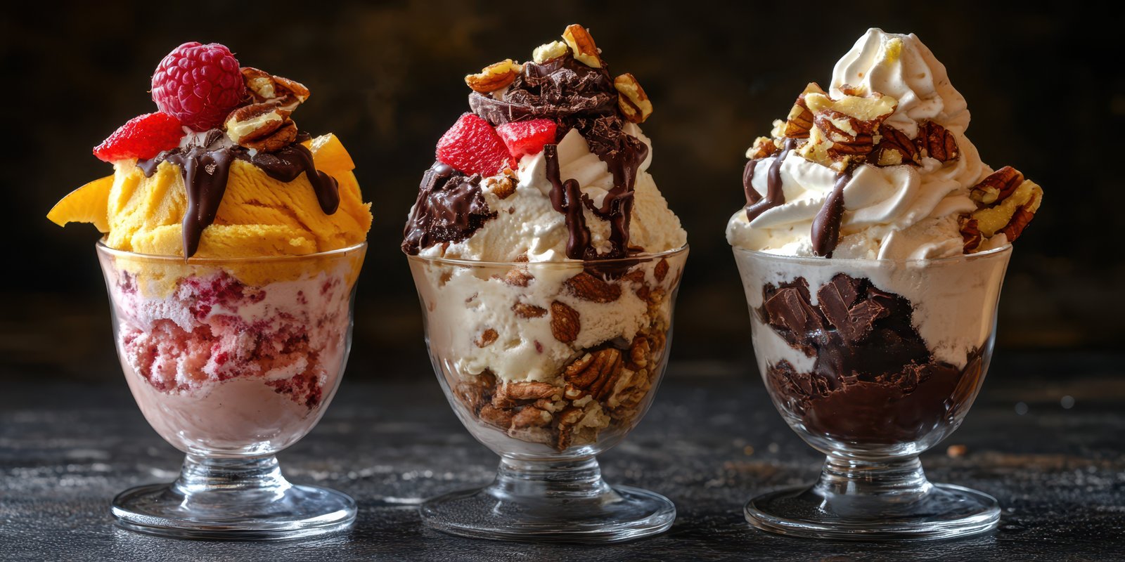 Delicious ice cream sundaes served in elegant glass cups at a dessert shop during a summer evening